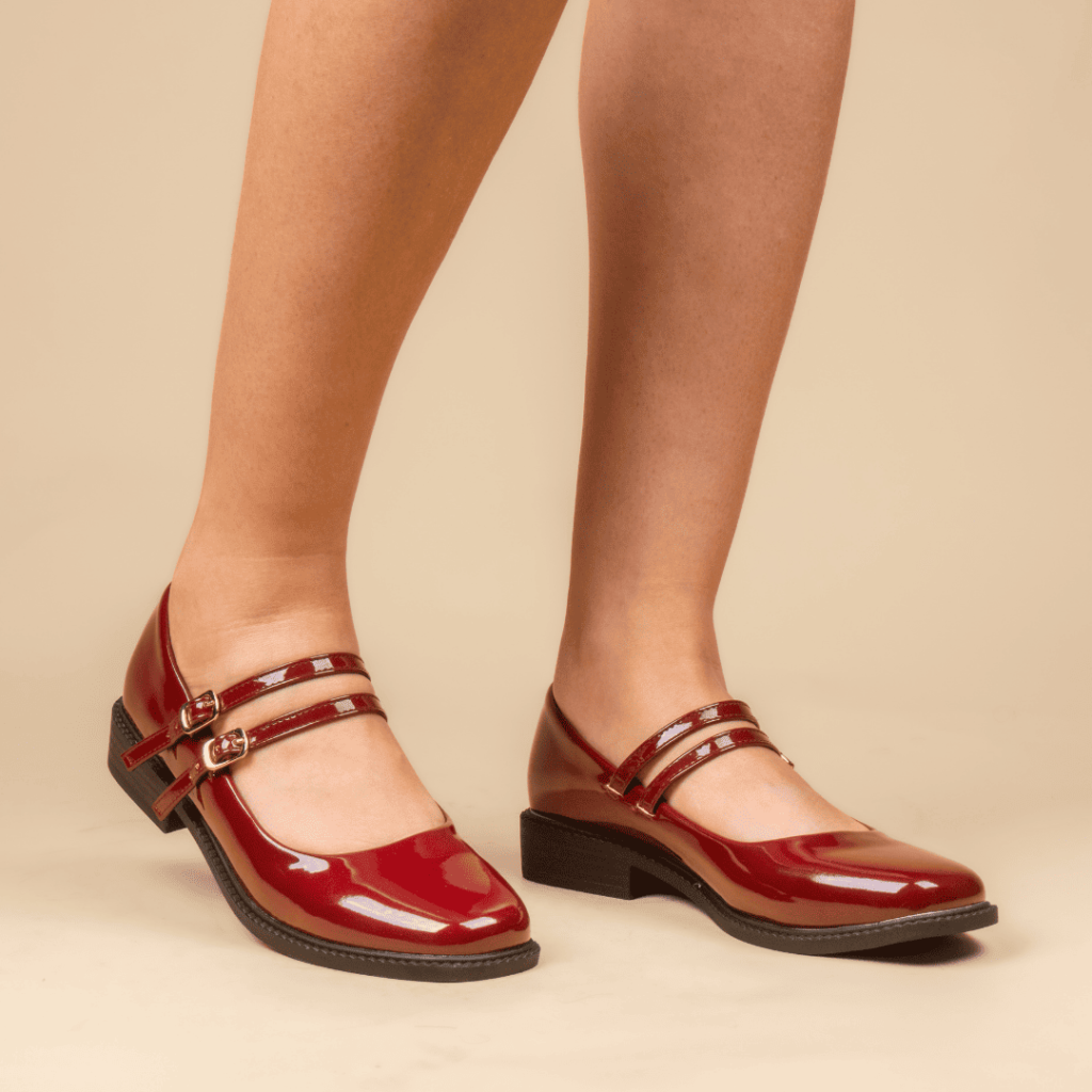 Mary jane a double ceintures- Vernis - Bordeaux - rv024-003